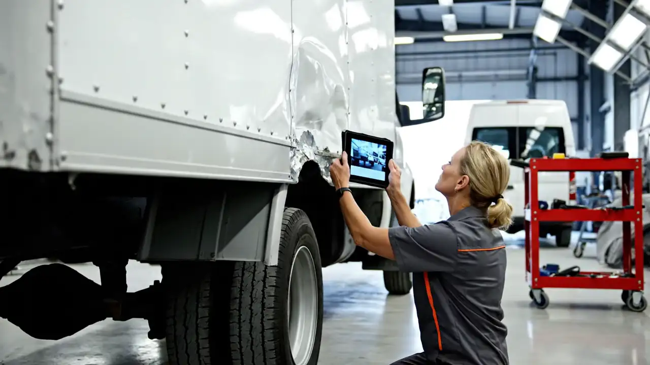 Technician inspecting rear-corner damage on a box truck in the repair bay