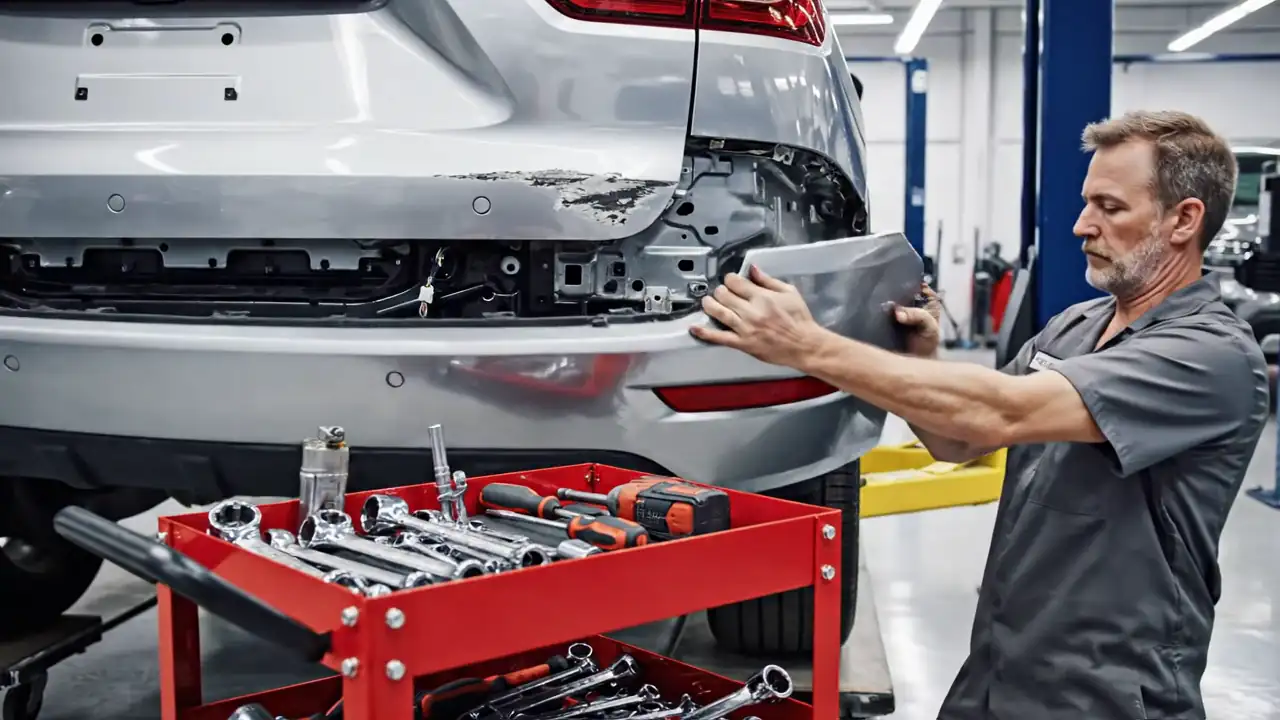 Technician removing a damaged bumper cover in the repair bay