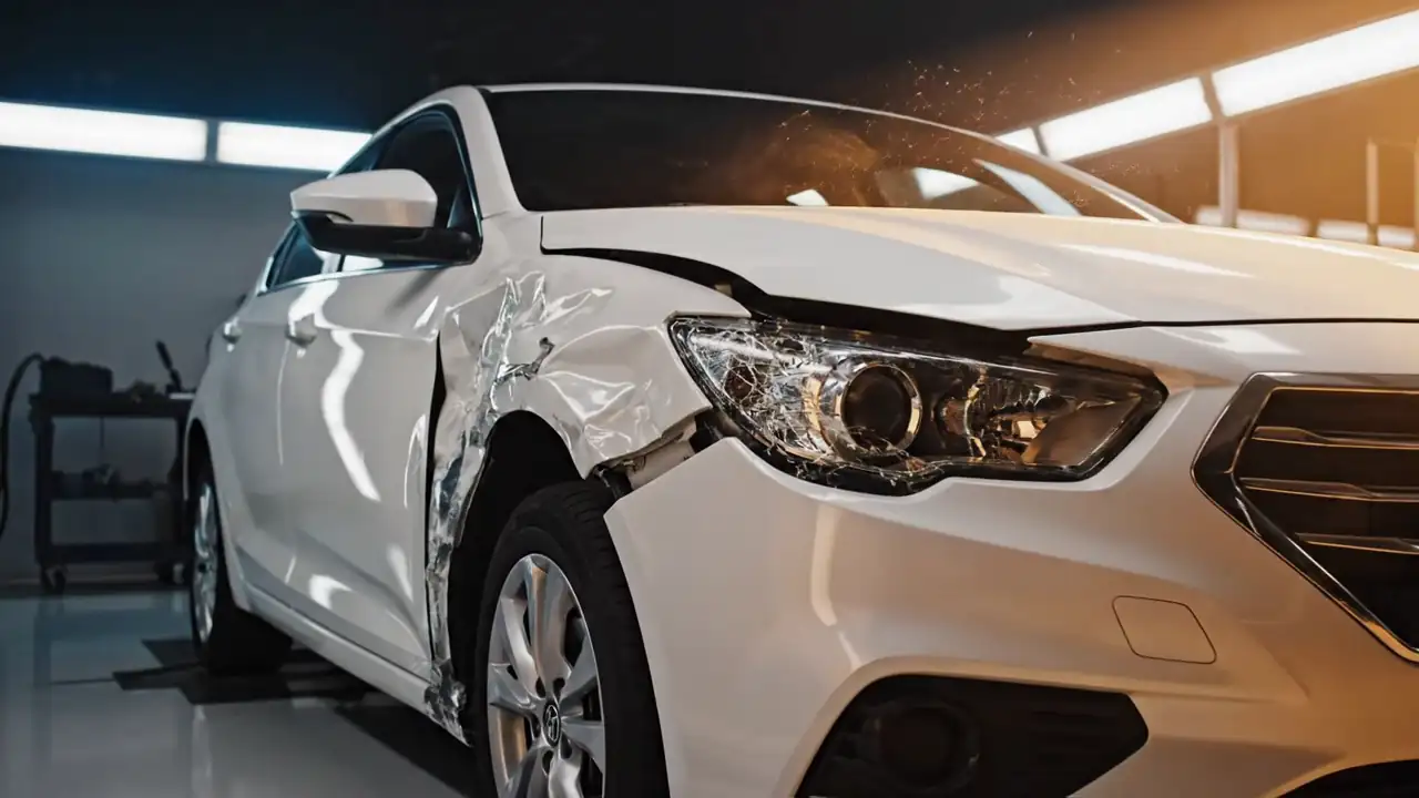 Sedan with front-end collision damage in the repair shop