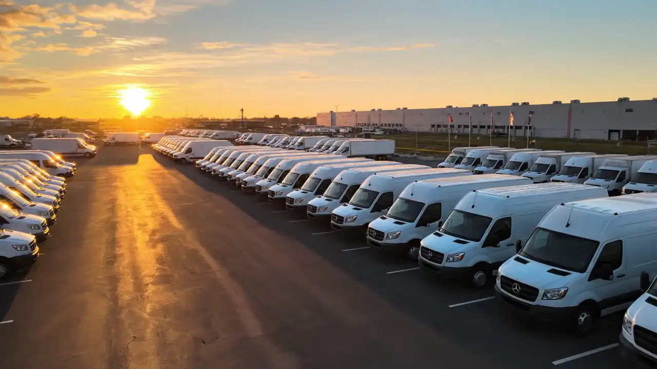 Fleet vans and box trucks at a repair facility yard