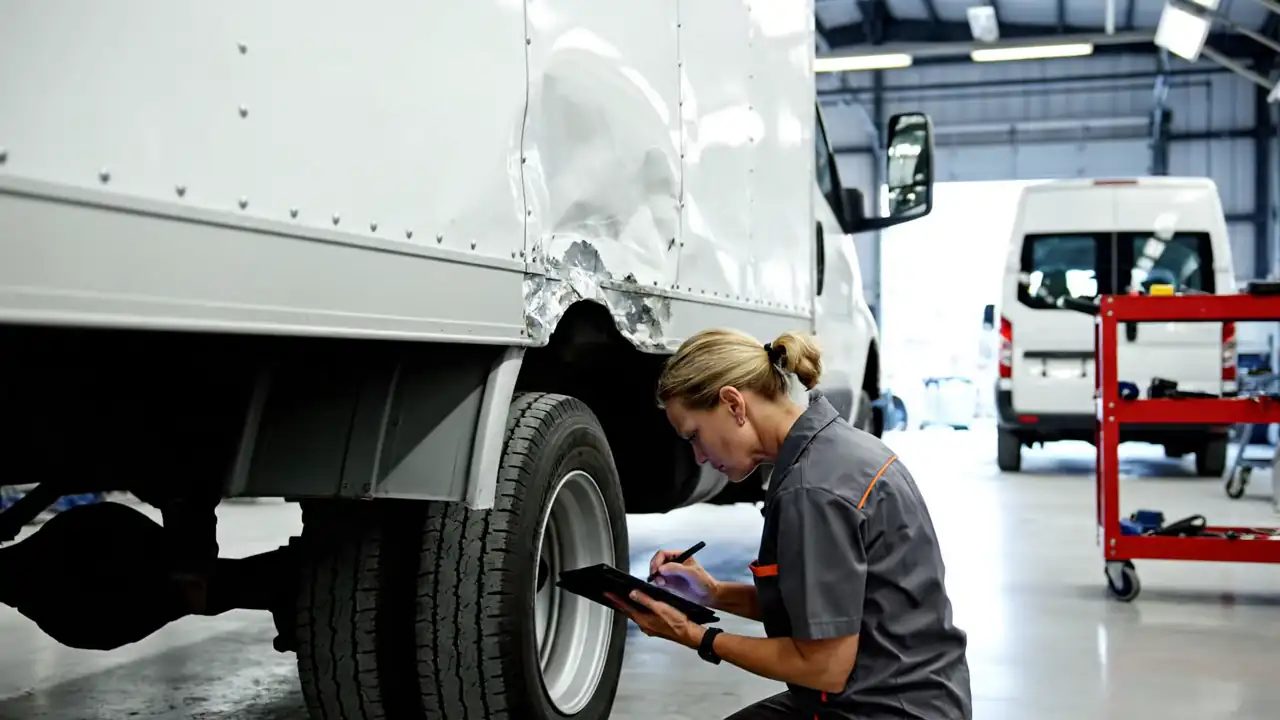 Technician inspecting rear-corner damage on a box truck